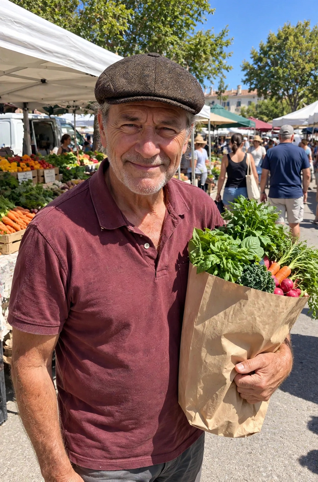 Marv in a flat cap at an outdoor market